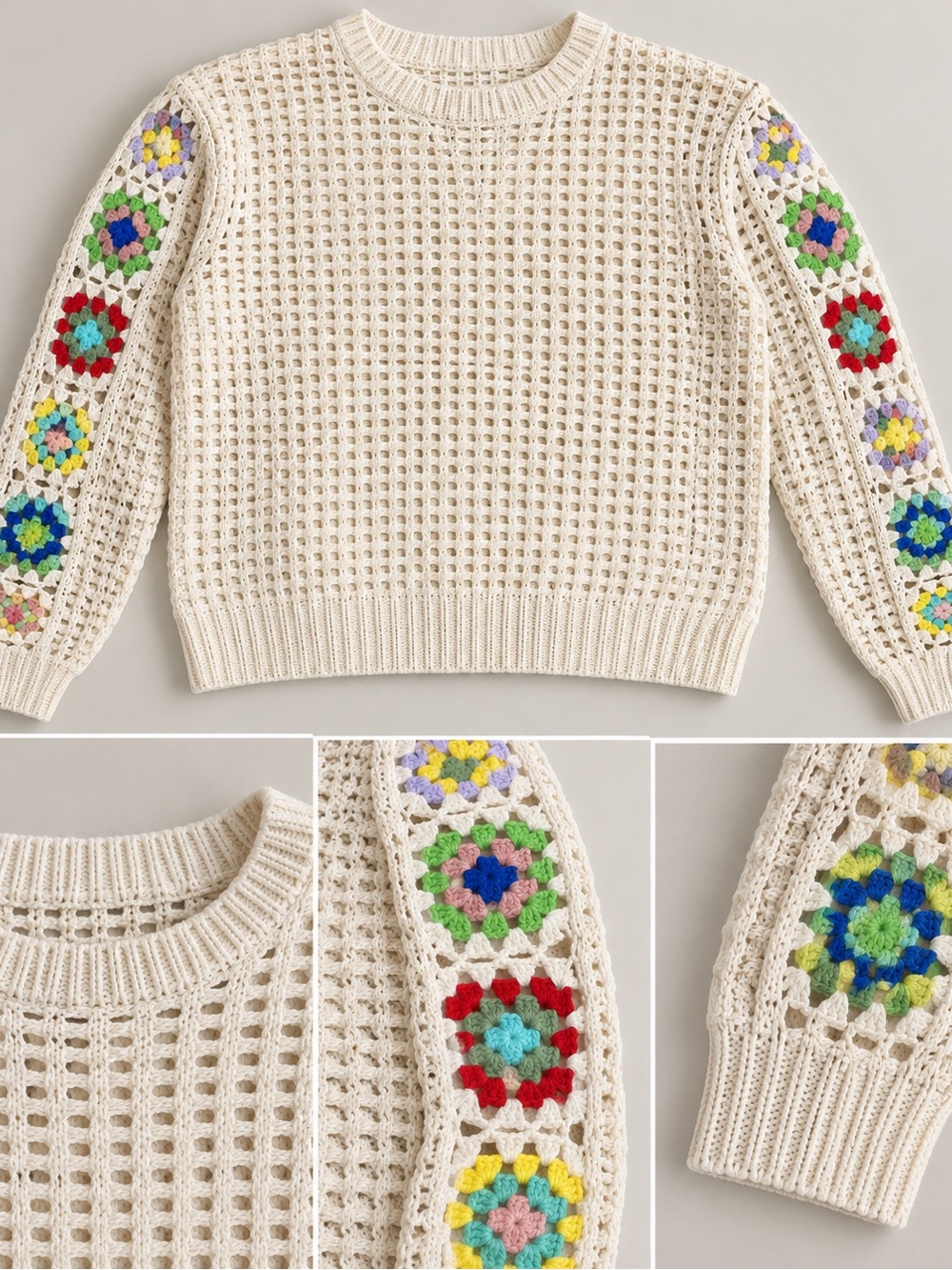 Source Unknown Cream Open-Weave Sweater with Multicolor Crochet Sleeve Squares